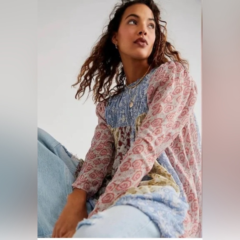 Free People Merrie Mix Lilac Print Tunic Top Small NWT - Picture 2 of 12